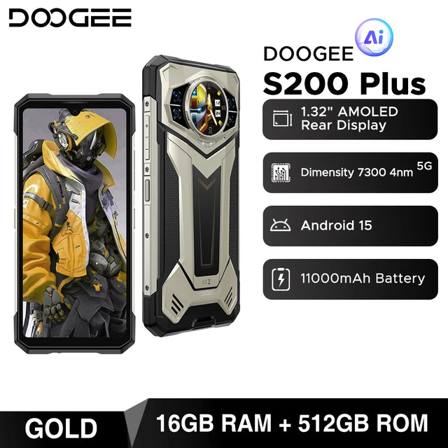 DOOGEE S200 Plus 5G AI Rugged Phone Android 15 Dimensity 7300 1.32" Rear Display 16GB 512GB 6.72'' 11000mAh Battery Smartphone