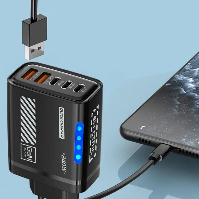 240W QC3.0 PD 5 Ports GaN Fast Charger US/EU Plug Phone Charging Head Adapter with LED Light for iPhone Samsung Huawei Xiaomi