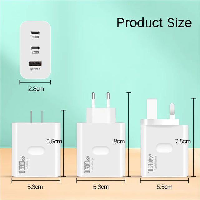 160W USB Charger USB Type C Fast Charging Adapter Quick Charge 3.0 PD Mobile Phone Charger For iPhone Samsung Xiaomi Redmi OPPO
