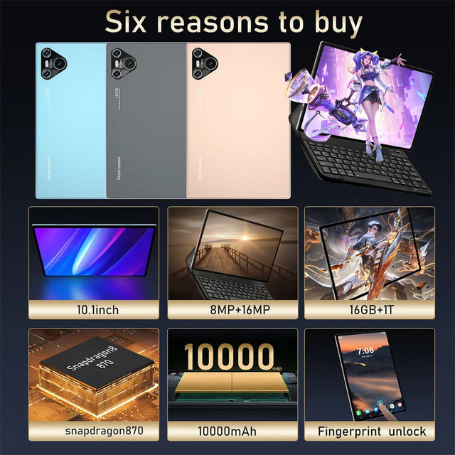2025 Pad 16 Pro Tablet 10 inch Android Snapdragon 870 Dual SIM Tablet 4K WIFI 10000mAh 16GB+1TB Tablets PC For Children Kids Tab