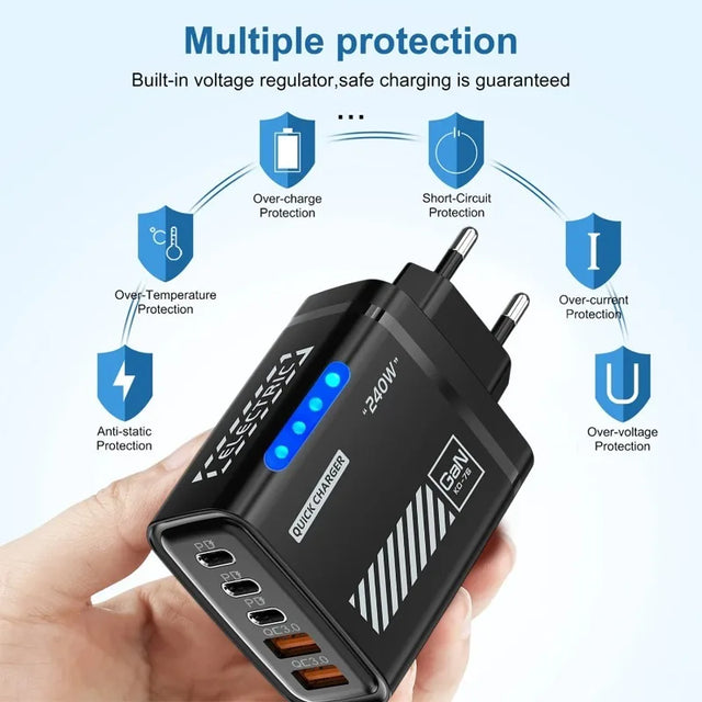 240W QC3.0 PD 5 Ports GaN Fast Charger US/EU Plug Phone Charging Head Adapter with LED Light for iPhone Samsung Huawei Xiaomi