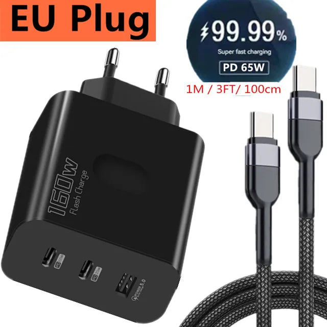 160W USB Charger USB Type C Fast Charging Adapter Quick Charge 3.0 PD Mobile Phone Charger For iPhone Samsung Xiaomi Redmi OPPO