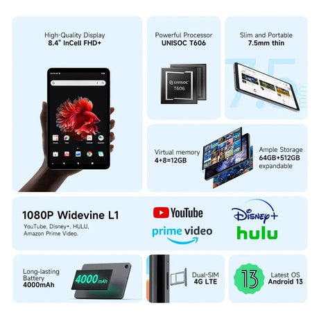 ALLDOCUBE iPlay 50 Mini 8.4 Inch Tablet PC 4+8GB RAM 64+512GB Storage 4G LTE Android 13 UNISOC T606 4000mAh Battery FHD+ Display - Emart